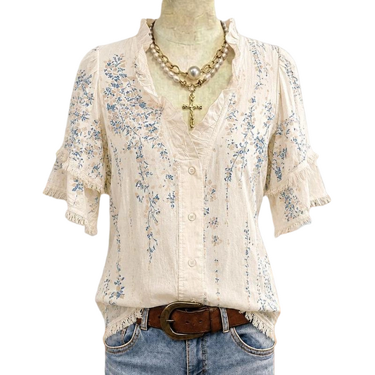 Women's Floral Print Ruffled V-Neck Top