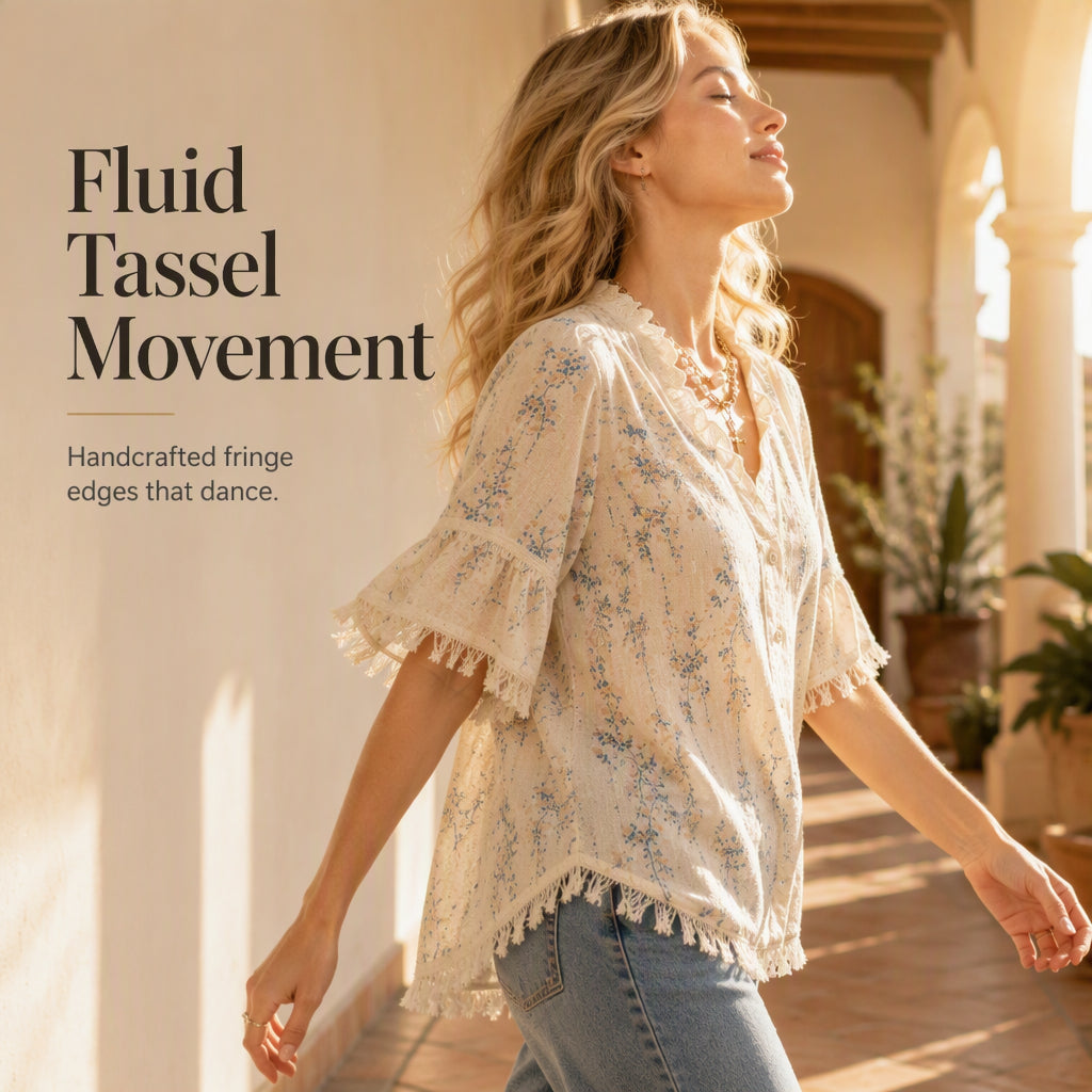 Women's Floral Print Ruffled V-Neck Top