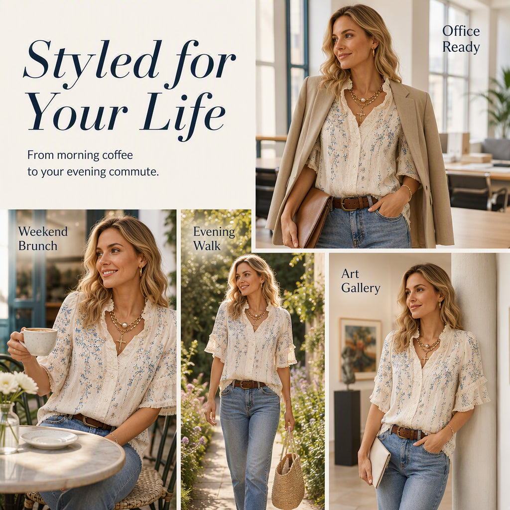 Women's Floral Print Ruffled V-Neck Top
