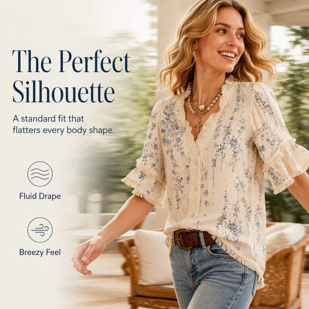 Women's Floral Print Ruffled V-Neck Top