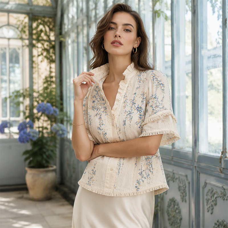 Women's Floral Print Ruffled V-Neck Top