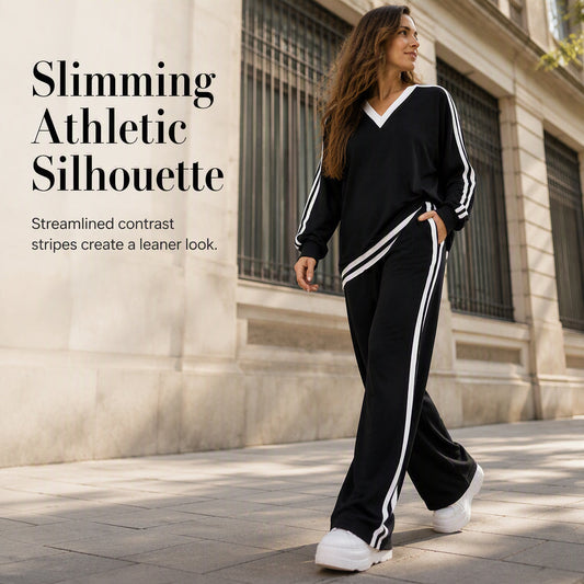 Women's Two-Piece Casual Set V-Neck Long Sleeve Top and Wide Leg Striped Pants Outfit