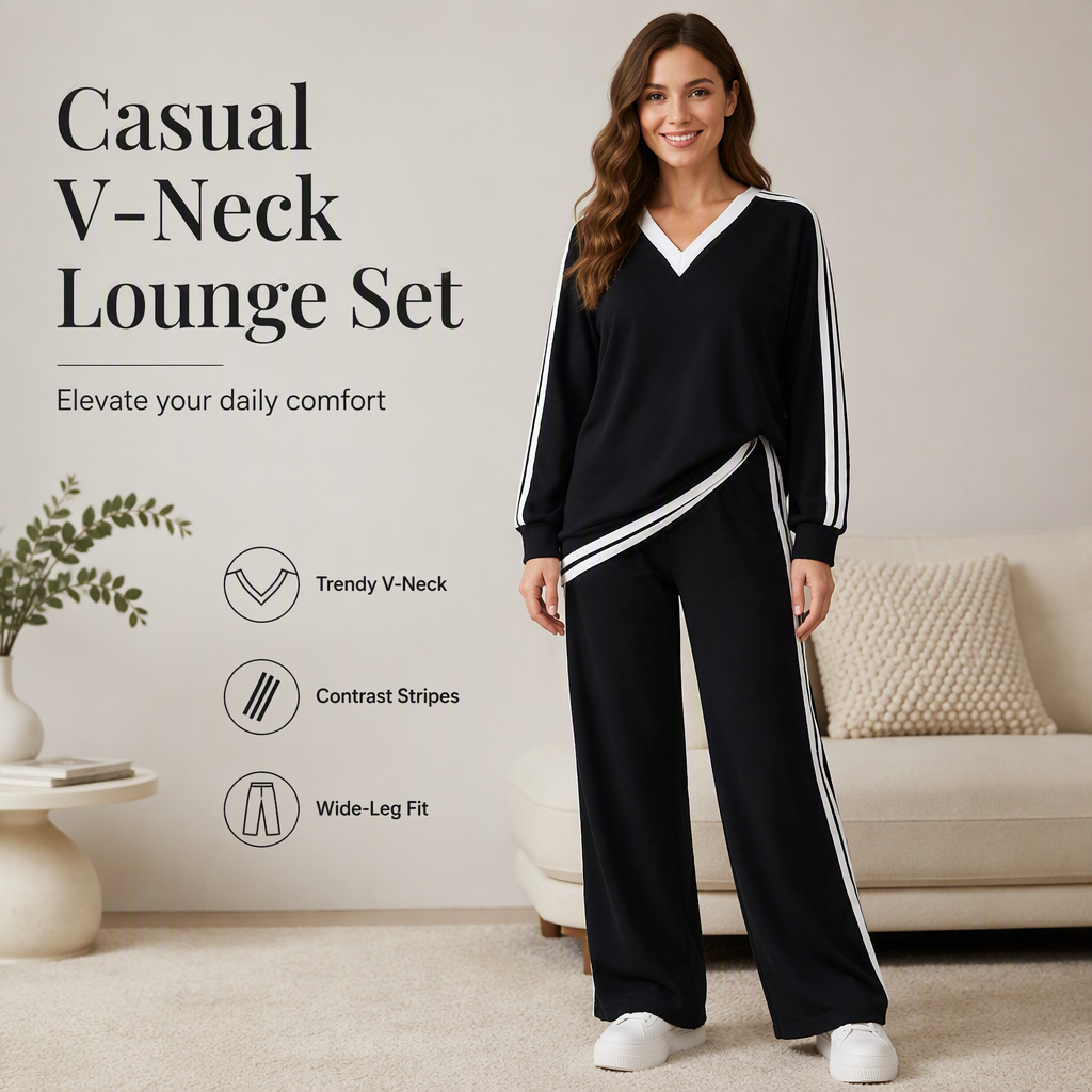Women's Two-Piece Casual Set V-Neck Long Sleeve Top and Wide Leg Striped Pants Outfit