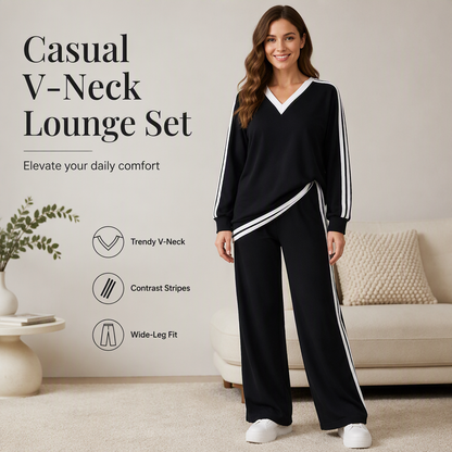 Women's Two-Piece Casual Set V-Neck Long Sleeve Top and Wide Leg Striped Pants Outfit