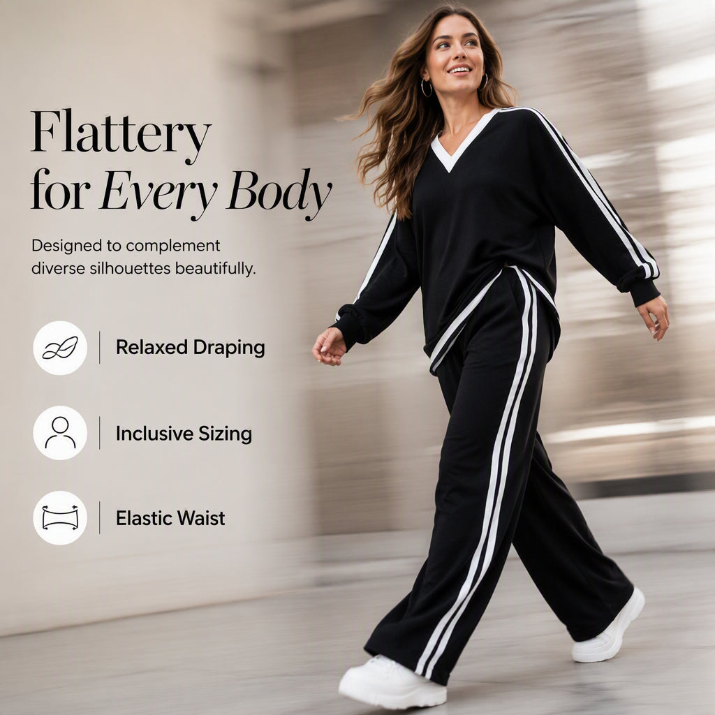 Women's Two-Piece Casual Set V-Neck Long Sleeve Top and Wide Leg Striped Pants Outfit