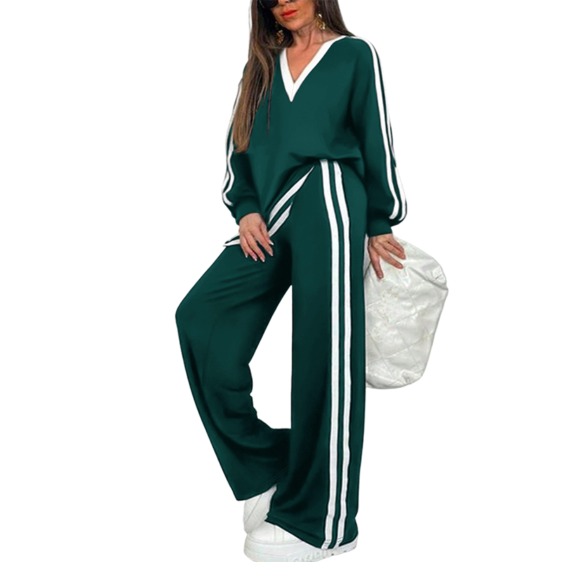 Women's Two-Piece Casual Set V-Neck Long Sleeve Top and Wide Leg Striped Pants Outfit