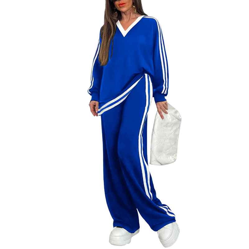 Women's Two-Piece Casual Set V-Neck Long Sleeve Top and Wide Leg Striped Pants Outfit