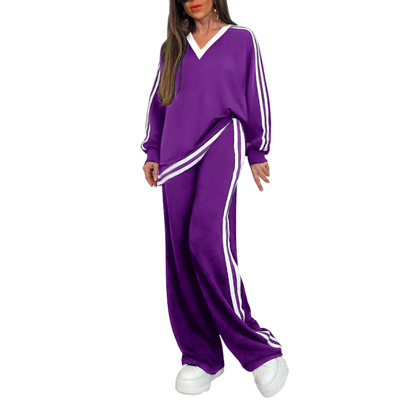 Women's Two-Piece Casual Set V-Neck Long Sleeve Top and Wide Leg Striped Pants Outfit