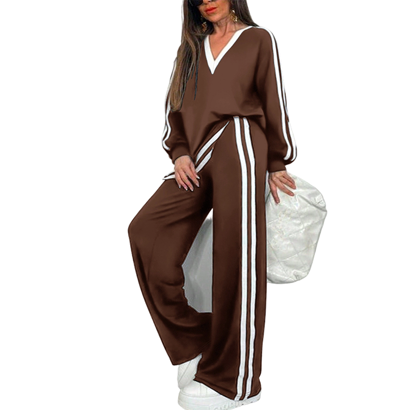 Women's Two-Piece Casual Set V-Neck Long Sleeve Top and Wide Leg Striped Pants Outfit