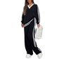 Women's Two-Piece Casual Set V-Neck Long Sleeve Top and Wide Leg Striped Pants Outfit