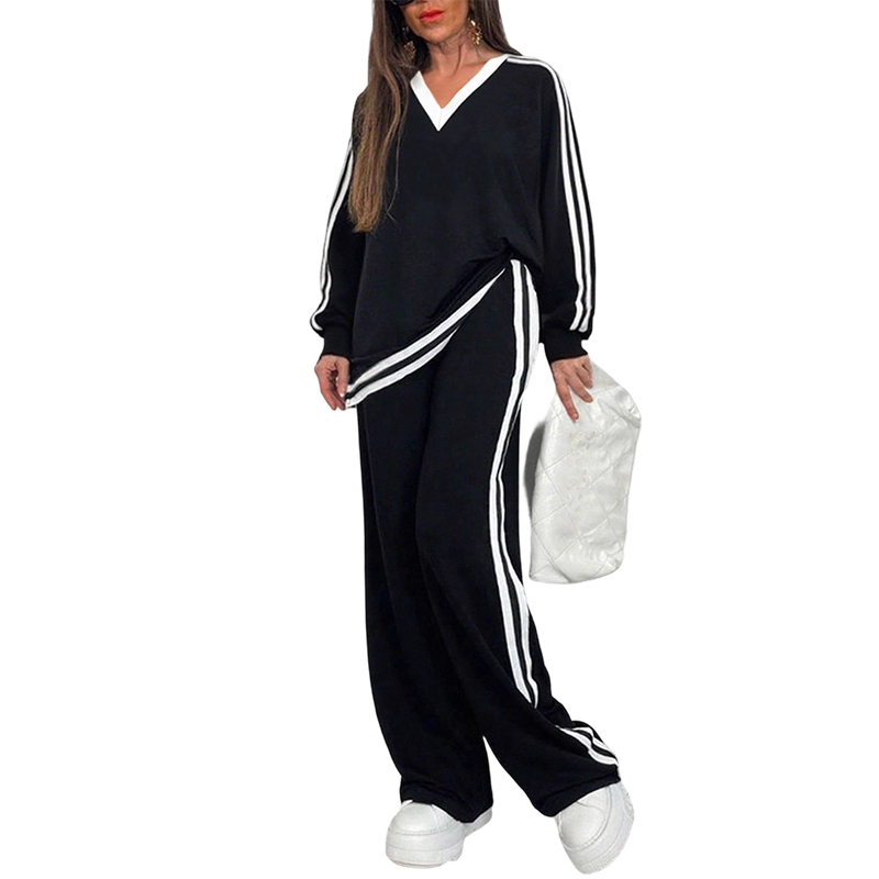 Women's Two-Piece Casual Set V-Neck Long Sleeve Top and Wide Leg Striped Pants Outfit