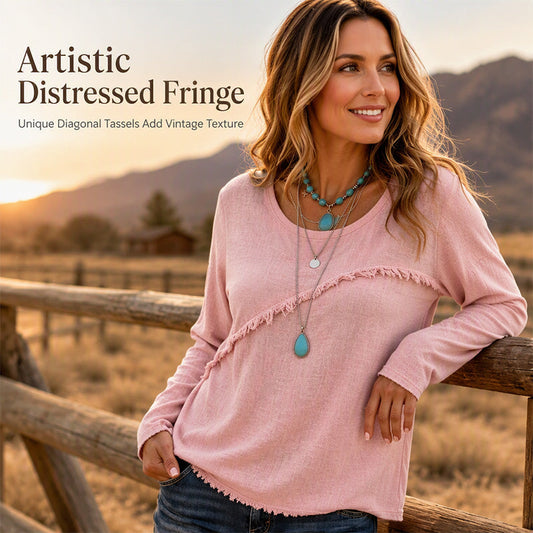 Women's Vintage Crewneck Top with Fringe Tassel