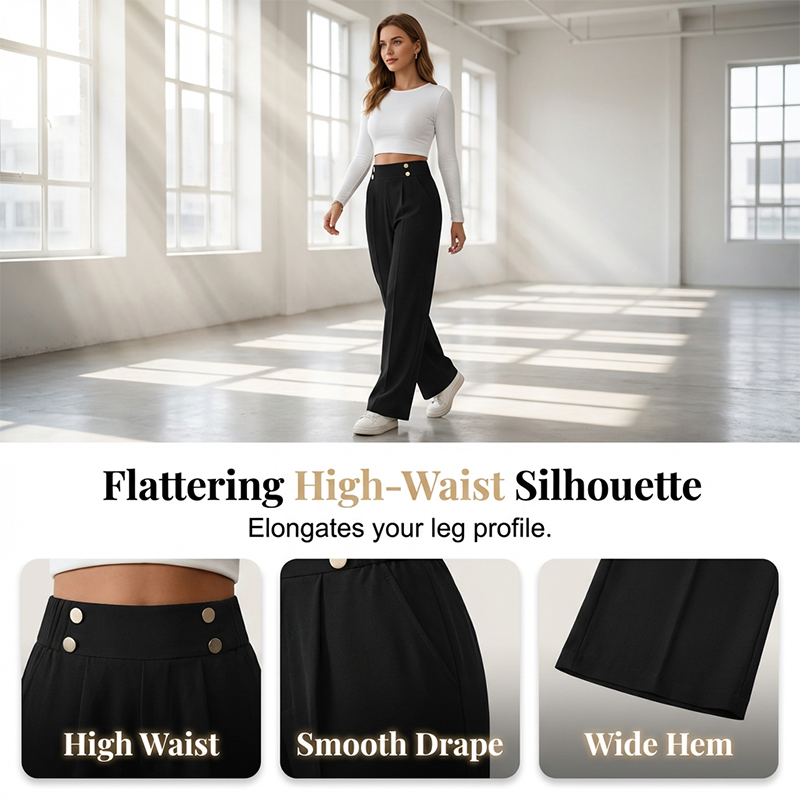 ✨ Women's High-Waist Wide-Leg Trousers – Elegant Tailored Fit With Chic Metallic Button Detail 🤍