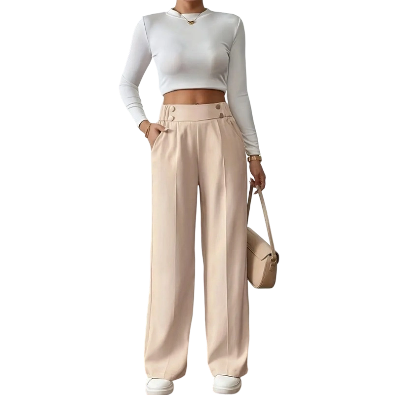 ✨ Women's High-Waist Wide-Leg Trousers – Elegant Tailored Fit With Chic Metallic Button Detail 🤍