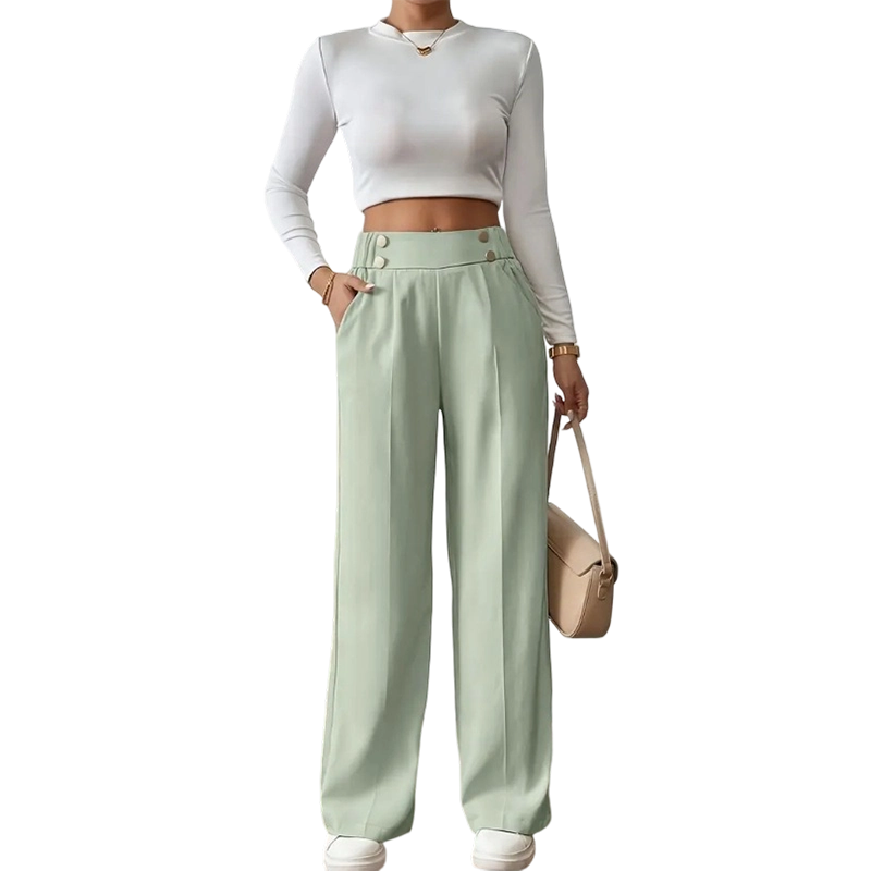 ✨ Women's High-Waist Wide-Leg Trousers – Elegant Tailored Fit With Chic Metallic Button Detail 🤍