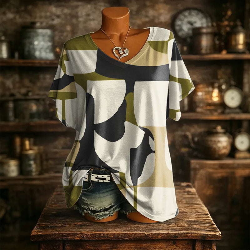 👚New Arrivals - Cooling Fabric V-Neck Top with Artistic Print – Wrinkle-Resistant & Soft Touch for All-Day Wear