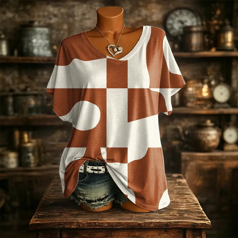 👚New Arrivals - Cooling Fabric V-Neck Top with Artistic Print – Wrinkle-Resistant & Soft Touch for All-Day Wear