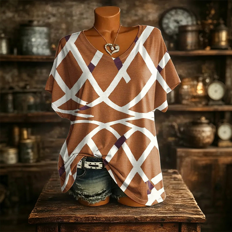 👚New Arrivals - Cooling Fabric V-Neck Top with Artistic Print – Wrinkle-Resistant & Soft Touch for All-Day Wear
