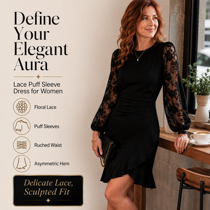 Women's Lace Puff Sleeve Ruched Bodycon Dress