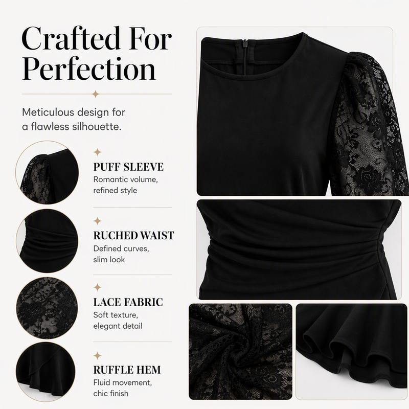 Women's Lace Puff Sleeve Ruched Bodycon Dress