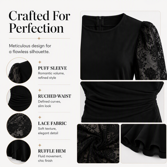 Women's Lace Puff Sleeve Ruched Bodycon Dress