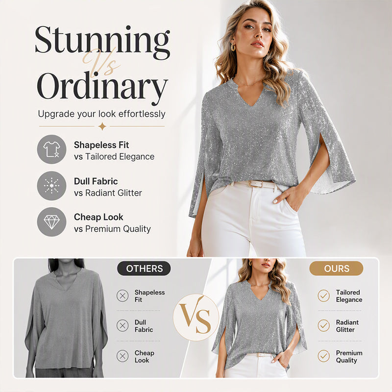 Women's Sparkly Split Flare Sleeve Top