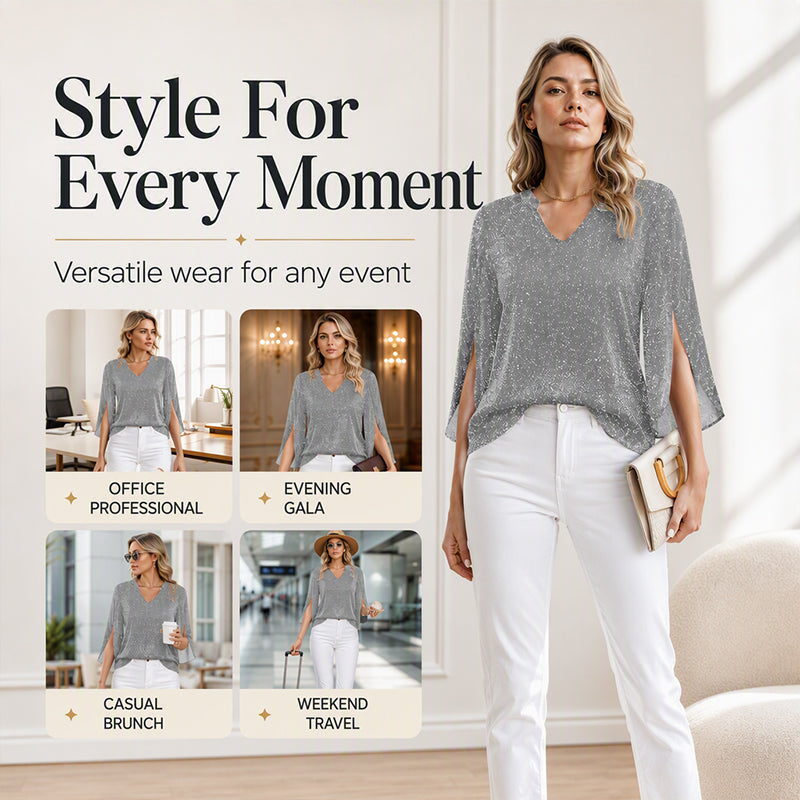 Women's Sparkly Split Flare Sleeve Top