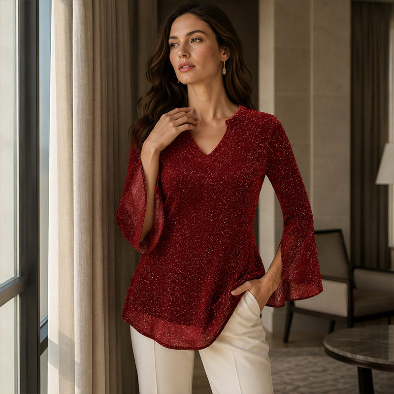 Women's Sparkly Split Flare Sleeve Top