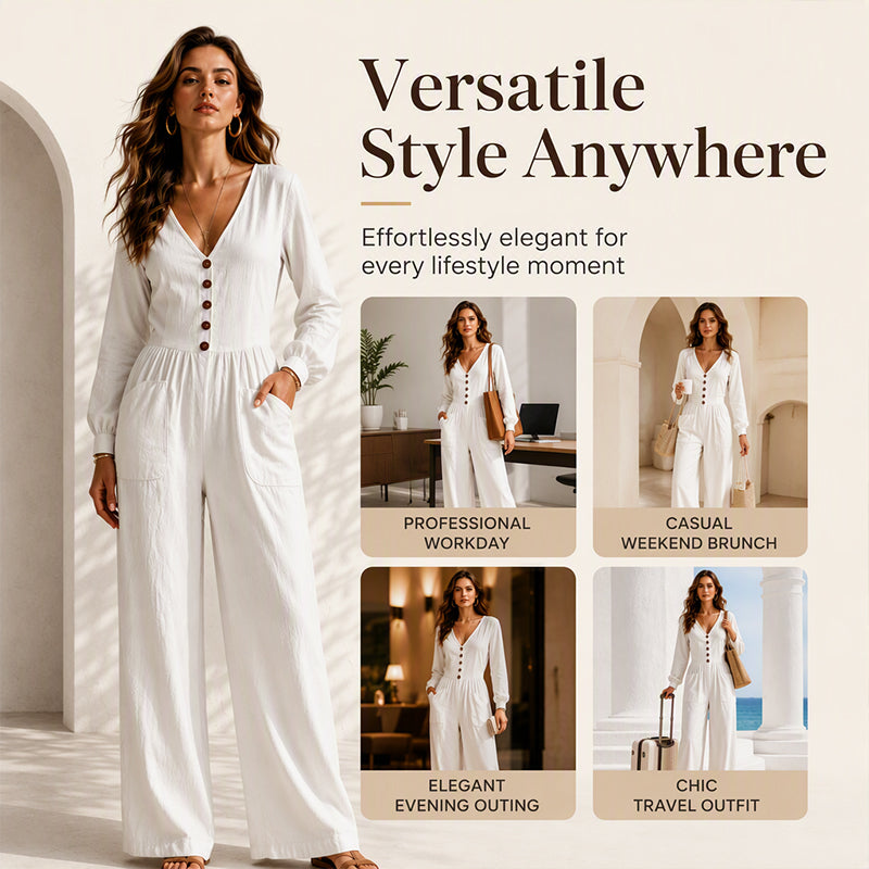 Women's V Neck Long Sleeve Jumpsuit