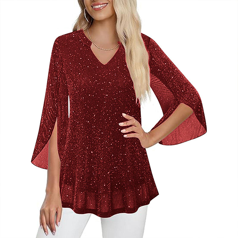 Women's Sparkly Split Flare Sleeve Top