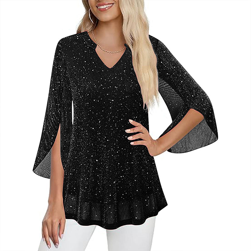 Women's Sparkly Split Flare Sleeve Top