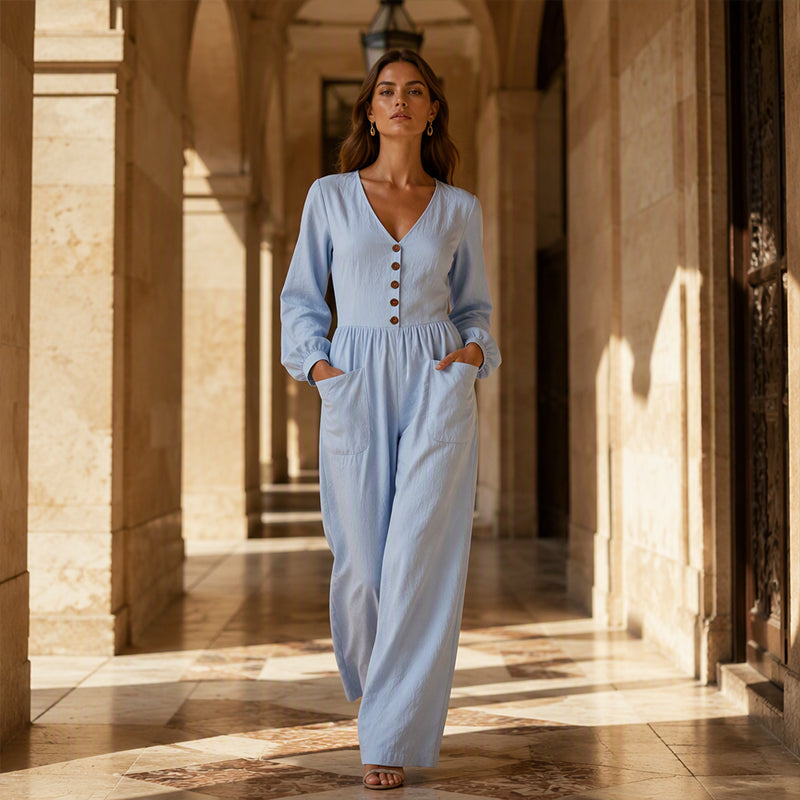 Women's V Neck Long Sleeve Jumpsuit