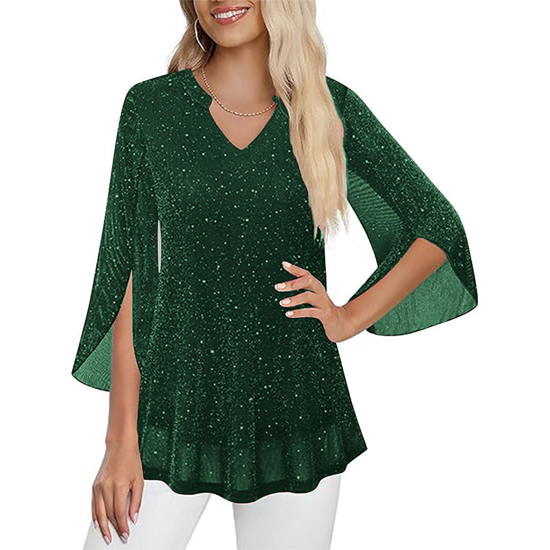 Women's Sparkly Split Flare Sleeve Top