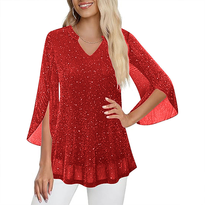 Women's Sparkly Split Flare Sleeve Top