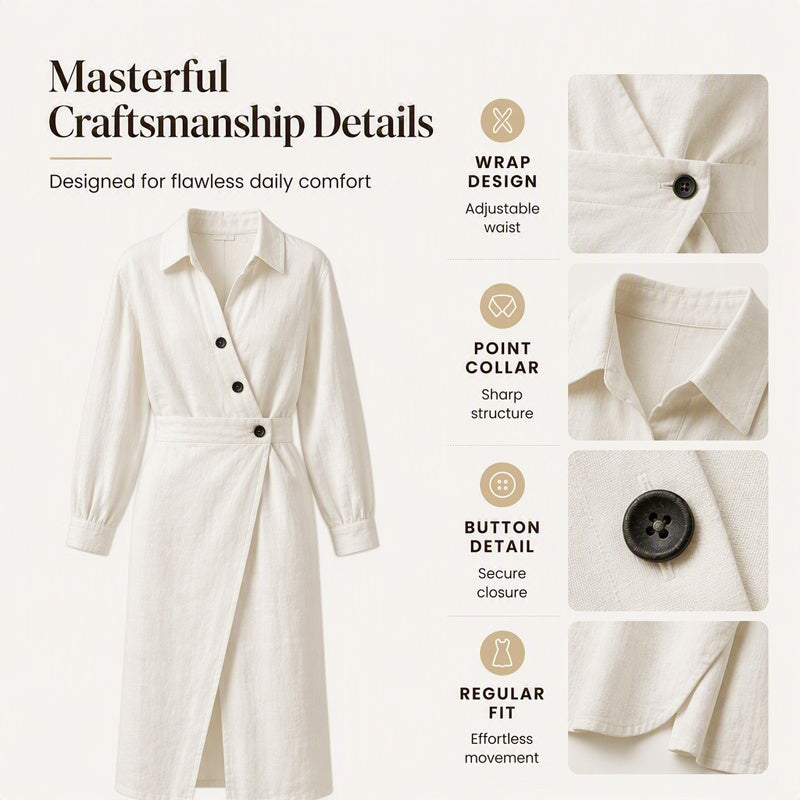 Women's Lapel Wrap Midi Shirt Dress with Pockets