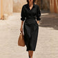 Women's Lapel Wrap Midi Shirt Dress with Pockets
