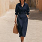 Women's Lapel Wrap Midi Shirt Dress with Pockets