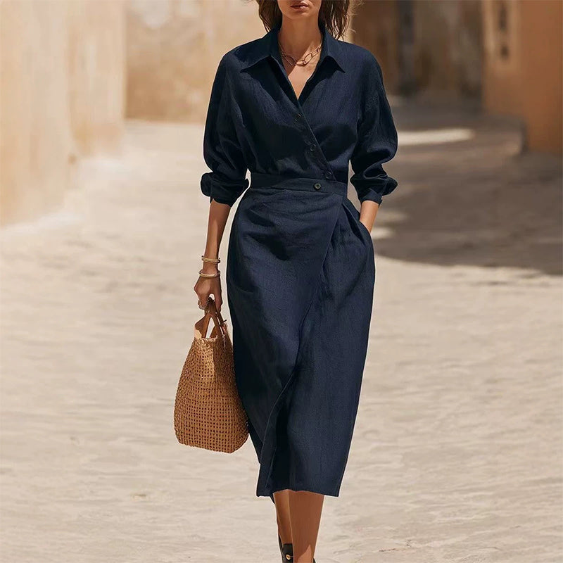 Women's Lapel Wrap Midi Shirt Dress with Pockets
