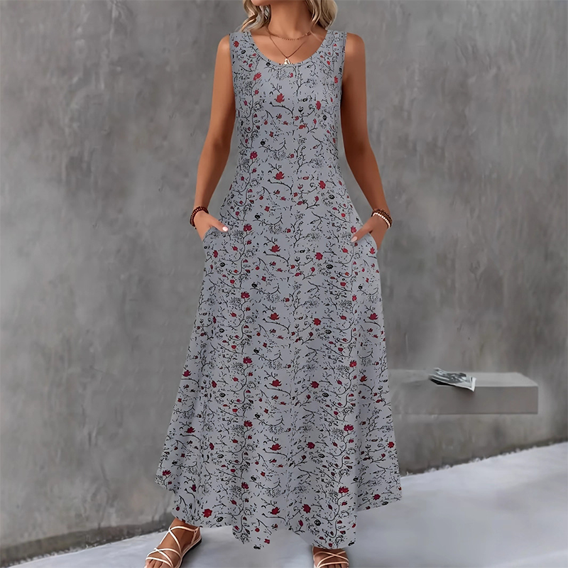 💞Women's Floral Print Sleeveless Maxi Dress with Pockets