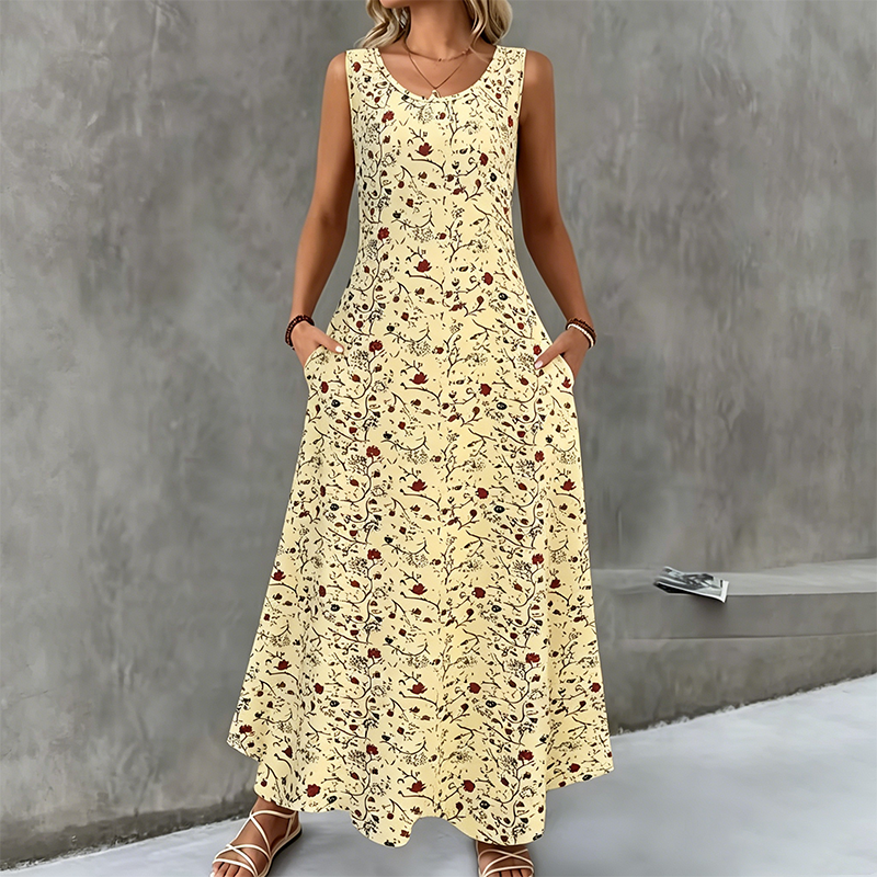 💞Women's Floral Print Sleeveless Maxi Dress with Pockets