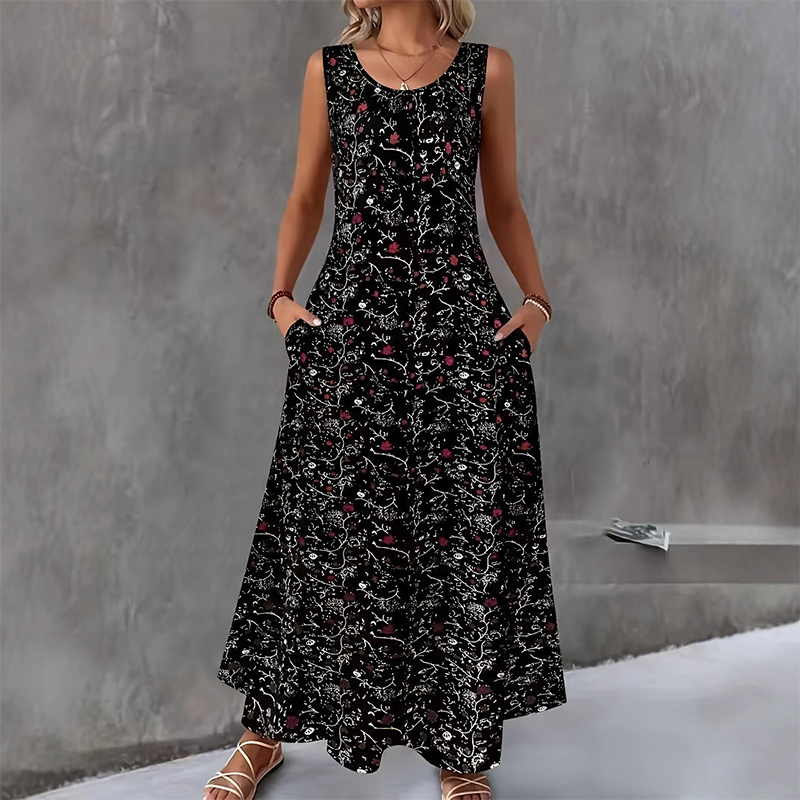 💞Women's Floral Print Sleeveless Maxi Dress with Pockets