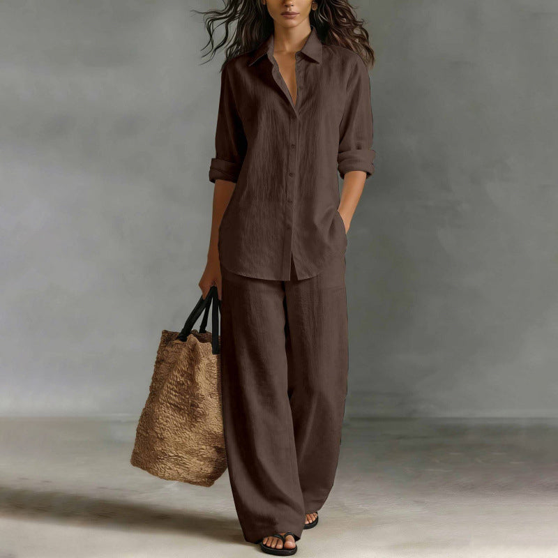 Women's Casual Shirt & Wide-Leg Pants Set