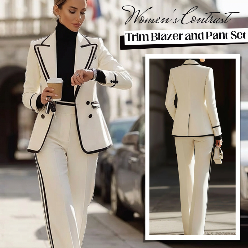 ✨New Arrivals & Special Offers-Women's Contrast Trim Blazer and Pant Set