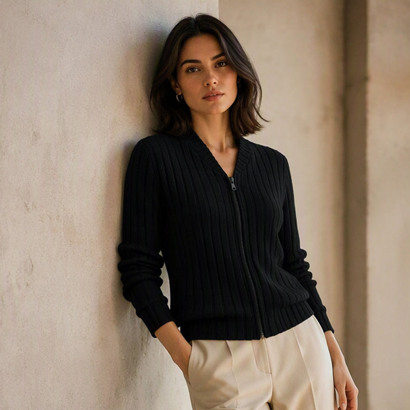 Women's Ribbed Knit Zip-Up Bomber Jacket