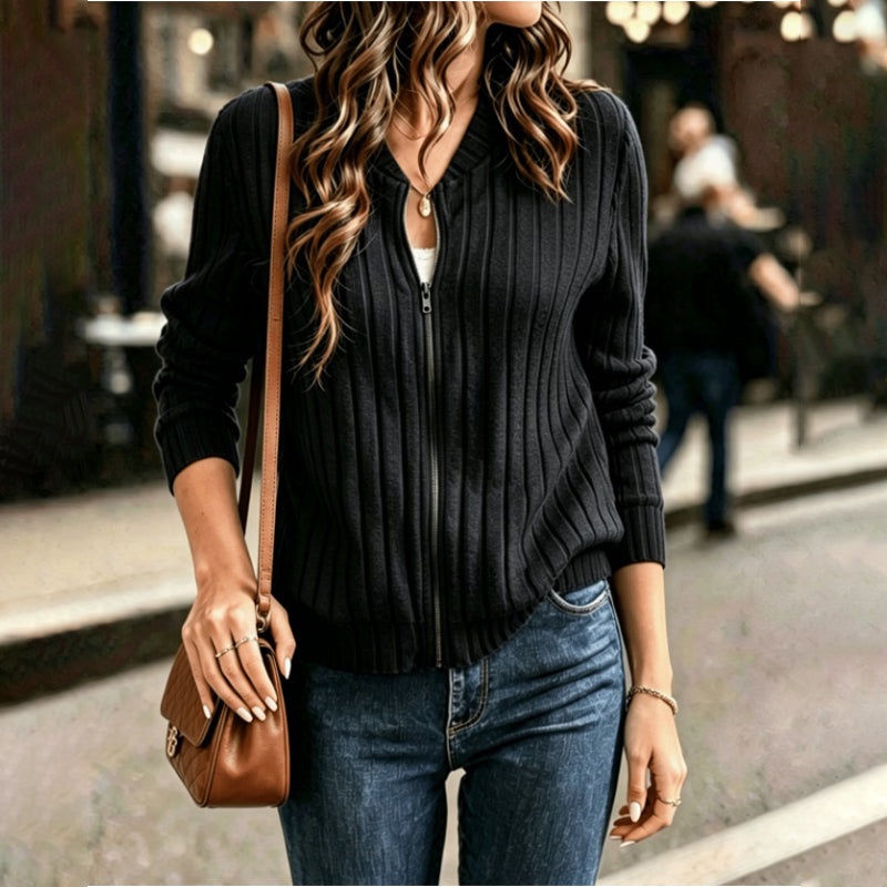Women's Ribbed Knit Zip-Up Bomber Jacket