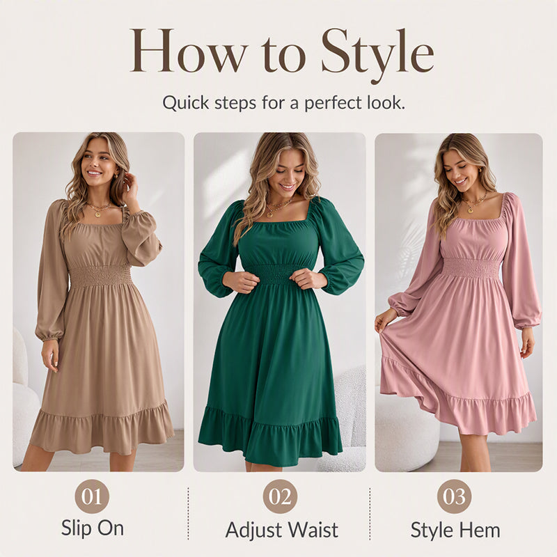 Women's Square Neck Smocked A-Line Dress