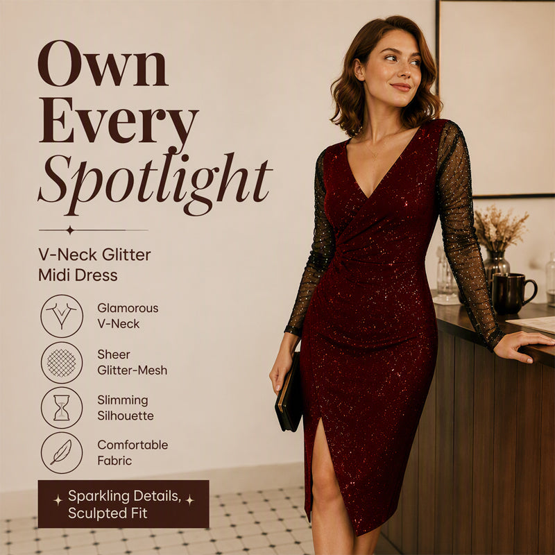 Women's Glittering Bodycon Dress with Mesh Sleeves
