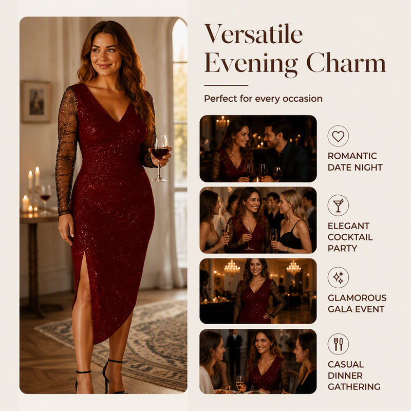 Women's Glittering Bodycon Dress with Mesh Sleeves