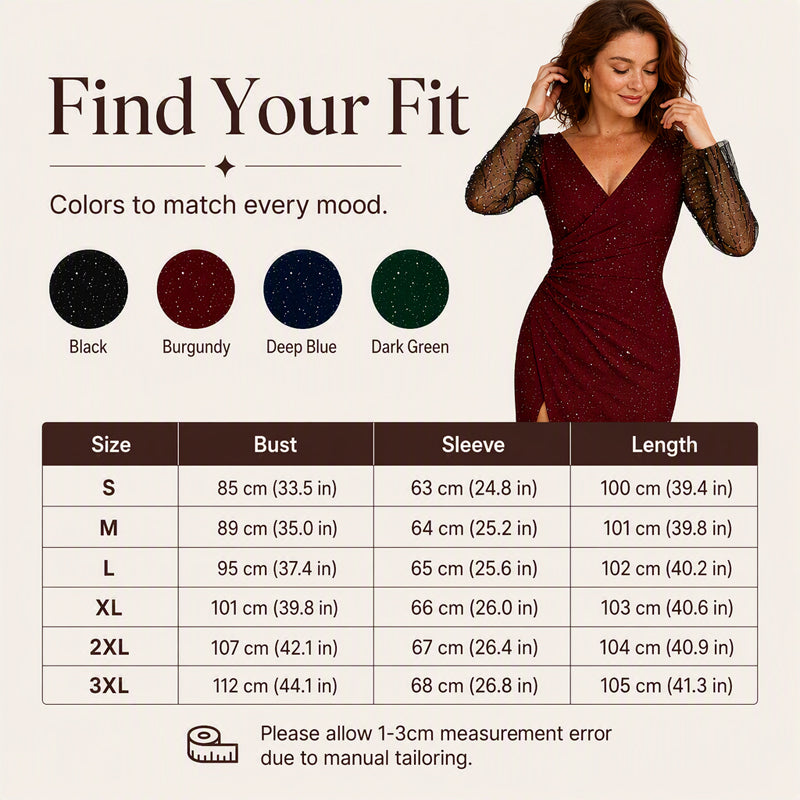 Women's Glittering Bodycon Dress with Mesh Sleeves