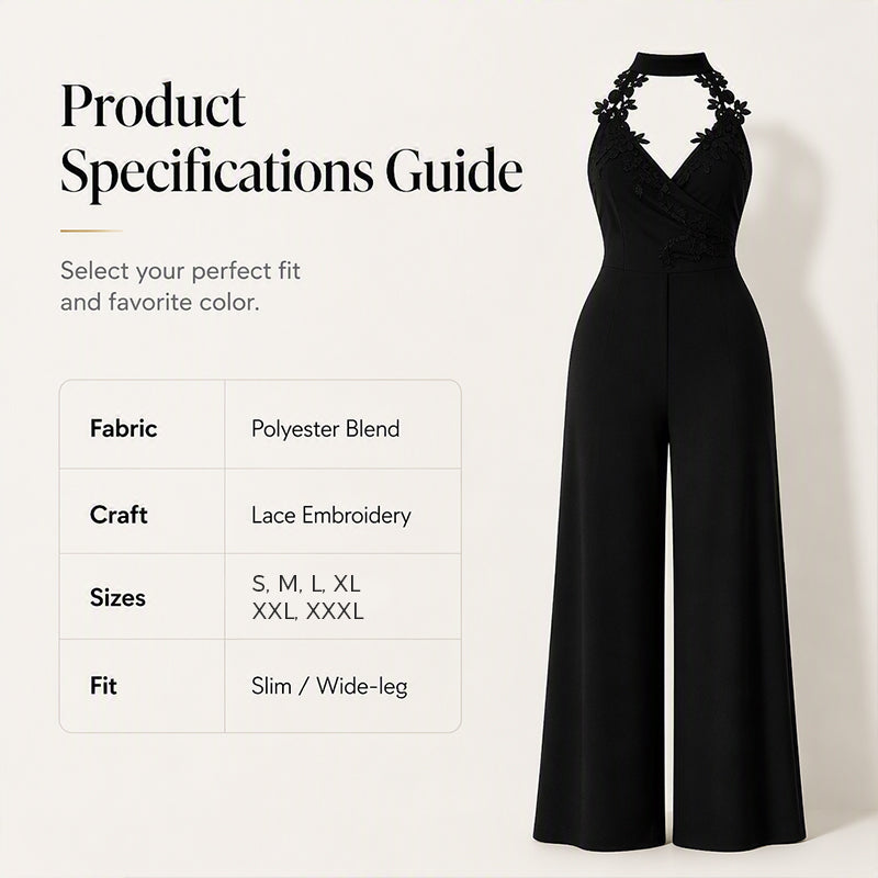 Women Elegant Halter Lace Pleated Wide Leg Jumpsuit